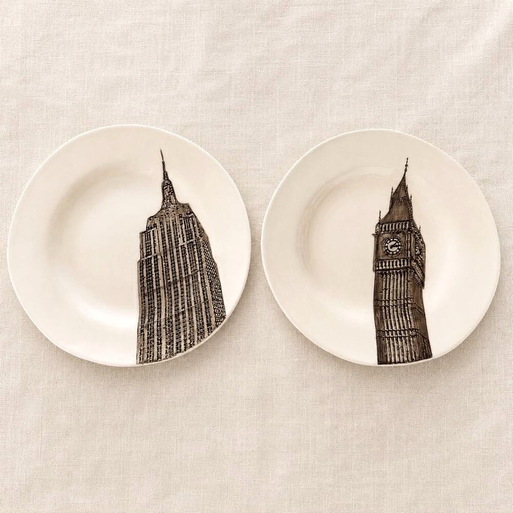Restoration Hardware RH Landmark Plates Big Ben Empire State 8" Set 2 Mud Studio
